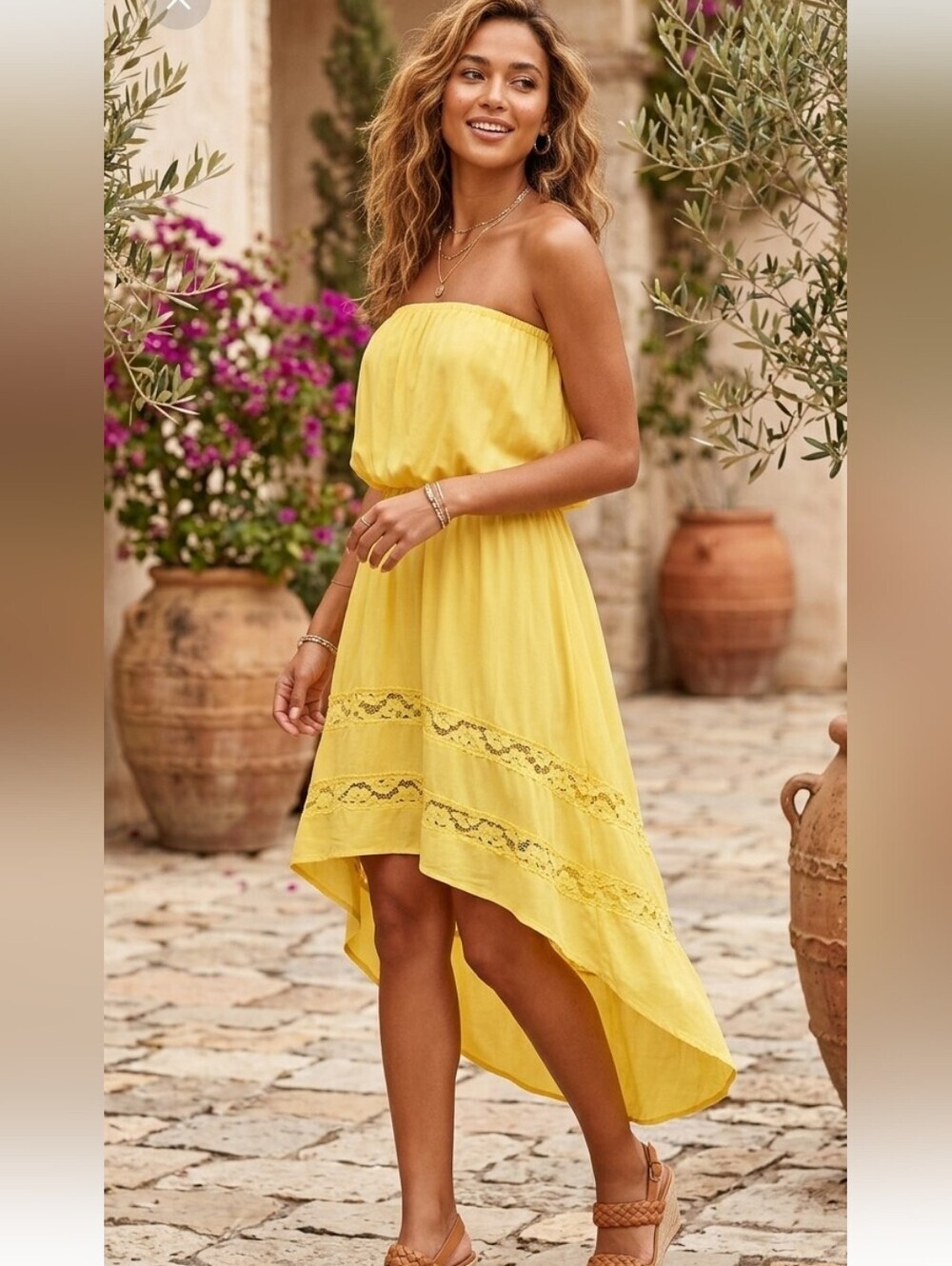 Double zero yellow strapless high low dress sz L
